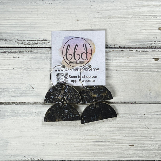 JOY -  Leather Earrings  ||   <BR> BLACK WITH GOLD & SILVER SPLATTERS (CORK ON LEATHER)