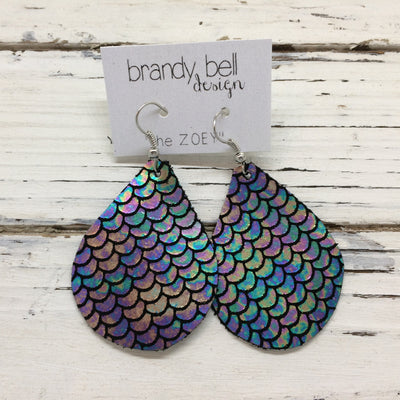ZOEY (3 sizes available!) - Leather Earrings  ||  METALLIC MERMAID PRINT IN ANTIQUE MULTI BLUE/GREEN/PINK