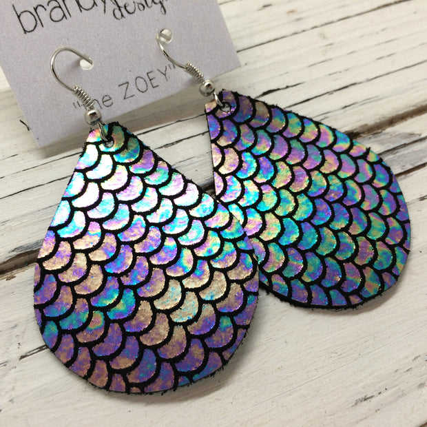 ZOEY (3 sizes available!) - Leather Earrings  ||  METALLIC MERMAID PRINT IN ANTIQUE MULTI BLUE/GREEN/PINK