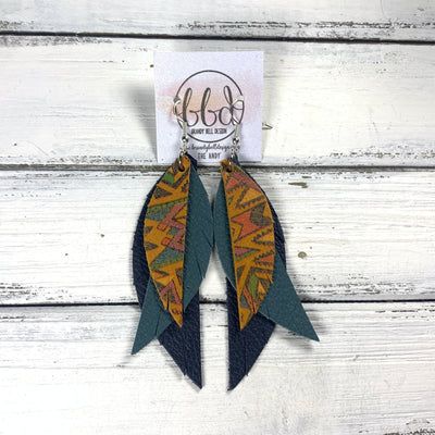 ANDY -  Leather Earrings  ||  <BR> MUSTARD AZTEC, <BR> MATTE SPRUCE GREEN, <BR> MATTE NAVY* BLUE