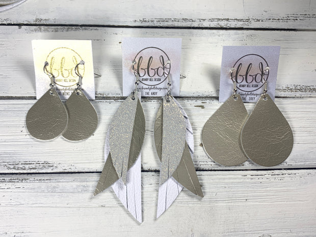ANDY -  Leather Earrings  ||  <BR> SHIMMER ROSE GOLD, <BR> METALLIC CHAMPAGNE SMOOTH, <BR> MATTE WHITE