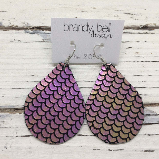 ZOEY (3 sizes available!) - Leather Earrings  ||  METALLIC MERMAID PRINT IN PINK/GREEN/GOLD