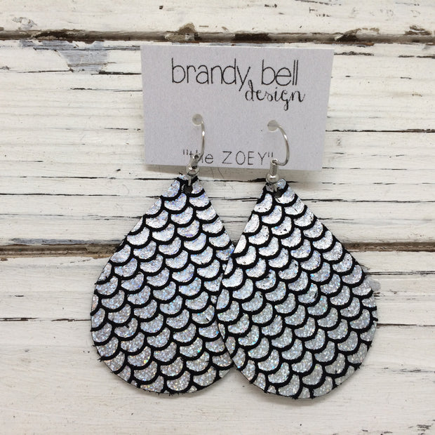 ZOEY (3 sizes available!) - Leather Earrings  ||  METALLIC MERMAID PRINT IN HOLOGRAPHIC SILVER