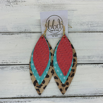 INDIA - Leather Earrings  || SALMON BRAIDED, AQUA WITH WHITE DOTS, CARAMEL CHEETAH