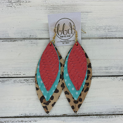 INDIA - Leather Earrings  || SALMON BRAIDED, AQUA WITH WHITE DOTS, CARAMEL CHEETAH