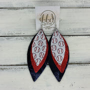 INDIA - Leather Earrings  ||   <BR> BASEBALL PATTERN (faux leather), <BR> METALLIC RED PEBBLED, <BR> METALLIC NAVY BLUE (CUSTOM COLORS AVAILABLE!)