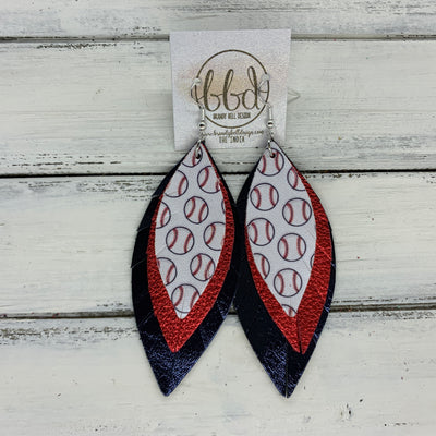 INDIA - Leather Earrings  ||   <BR> BASEBALL PATTERN (faux leather), <BR> METALLIC RED PEBBLED, <BR> METALLIC NAVY BLUE (CUSTOM COLORS AVAILABLE!)