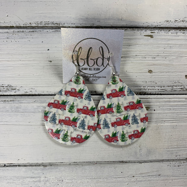 ZOEY (3 sizes available!) -  Leather Earrings  || TINY RED TRUCKS ON CORK (LEATHER ON CORK)