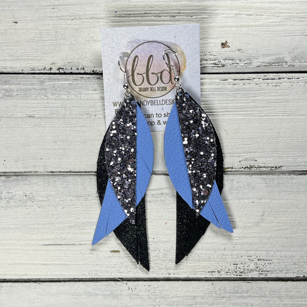 ANDY -  Leather Earrings  ||   <BR> PEWTER GLITTER (FAUX LEATHER), <BR> CAROLINA BLUE, <BR> SHIMMER BLACK