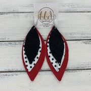 INDIA - Leather Earrings  ||  SHIMMER BLACK, WHITE WITH BLACK POLKADOTS, MATTE RED