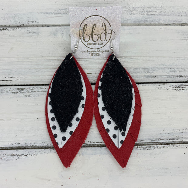 INDIA - Leather Earrings  ||  SHIMMER BLACK, WHITE WITH BLACK POLKADOTS, MATTE RED