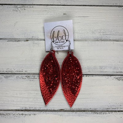 ALLIE -  Leather Earrings  || CHUNKY RED GLITTER (FAUX LEATHER), METALLIC RED PEBBLED