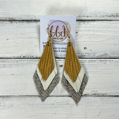 COLLEEN -  Leather Earrings  ||   MUSTARD PALMS, <BR> PEARL WHITE, <BR> GRAY BRAID