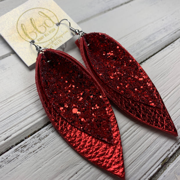 ALLIE -  Leather Earrings  || CHUNKY RED GLITTER (FAUX LEATHER), METALLIC RED PEBBLED