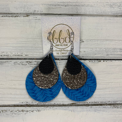 LINDSEY - Leather Earrings  || MATTE BLACK, IRIDESCENT SILVER CRACKLE, BLUE BRAIDED
