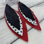 INDIA - Leather Earrings  ||  SHIMMER BLACK, WHITE WITH BLACK POLKADOTS, MATTE RED