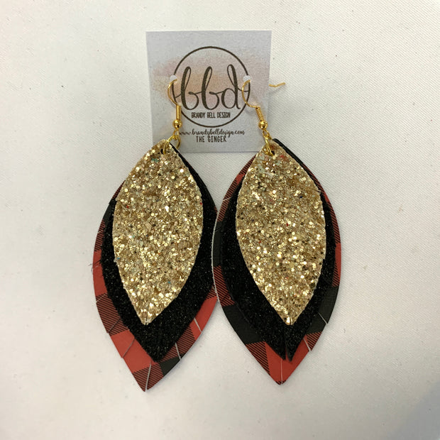 GINGER - Leather Earrings  || GOLD GLITTER (faux leather), SHIMMER BLACK, BLACK & RED BUFFALO PLAID