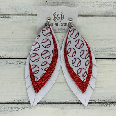 INDIA - Leather Earrings  ||   <BR> BASEBALL PATTERN (faux leather), <BR> METALLIC RED PEBBLED, <BR> MATTE WHITE (CUSTOM COLORS AVAILABLE!)