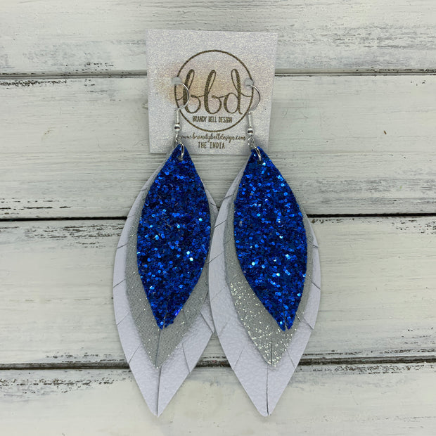 INDIA - Leather Earrings  ||   ROYAL BLUE GLITTER (FAUX LEATHER), SHIMMER SILVER, MATTE WHITE