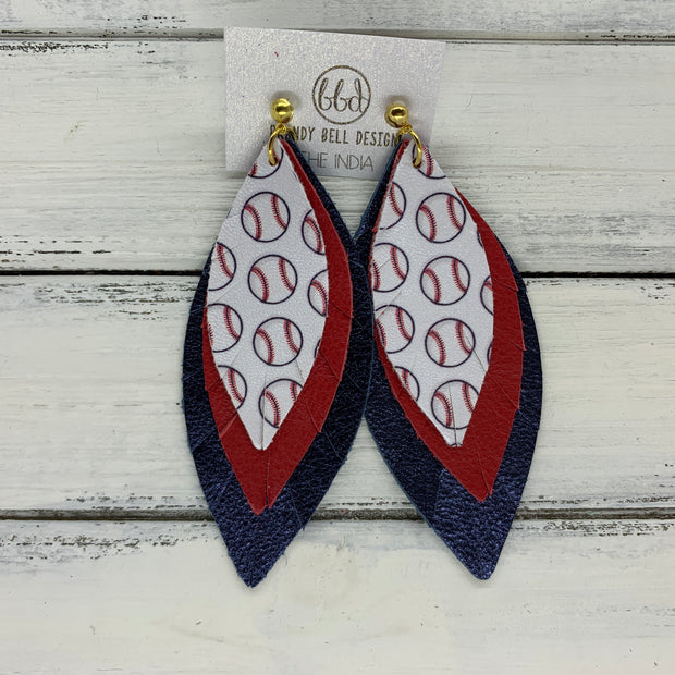 INDIA - Leather Earrings  ||   <BR> BASEBALL PATTERN (faux leather), <BR> MATTE RED, <BR> METALLIC NAVY PEBBLED (CUSTOM COLORS AVAILABLE!)