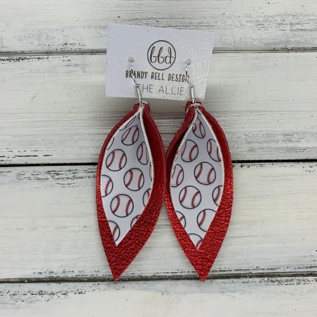 ALLIE -  Leather Earrings  || BASEBALL PRINT (faux leather), METALLIC RED PEBBLED (CUSTOM COLORS AVAILABLE!)