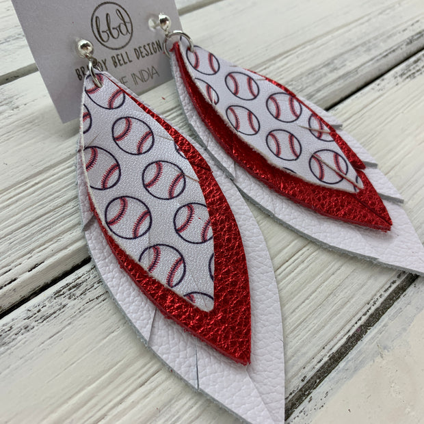 INDIA - Leather Earrings  ||   <BR> BASEBALL PATTERN (faux leather), <BR> METALLIC RED PEBBLED, <BR> MATTE WHITE (CUSTOM COLORS AVAILABLE!)