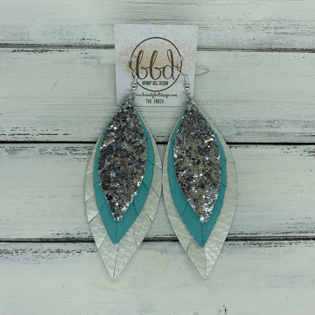 INDIA - Leather Earrings  ||   SILVER  GLITTER (FAUX LEATHER), ROBINS EGG BLUE,PEARL WHITE