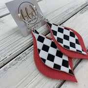 EVE - Leather Earrings  || CHECKERED FLAG PRINT (faux leather), MATTE CORAL/SALMON