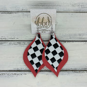 EVE - Leather Earrings  || CHECKERED FLAG PRINT (faux leather), MATTE CORAL/SALMON