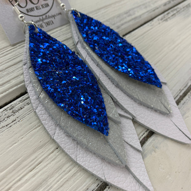 INDIA - Leather Earrings  ||   ROYAL BLUE GLITTER (FAUX LEATHER), SHIMMER SILVER, MATTE WHITE