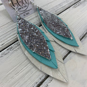 INDIA - Leather Earrings  ||   SILVER  GLITTER (FAUX LEATHER), ROBINS EGG BLUE,PEARL WHITE